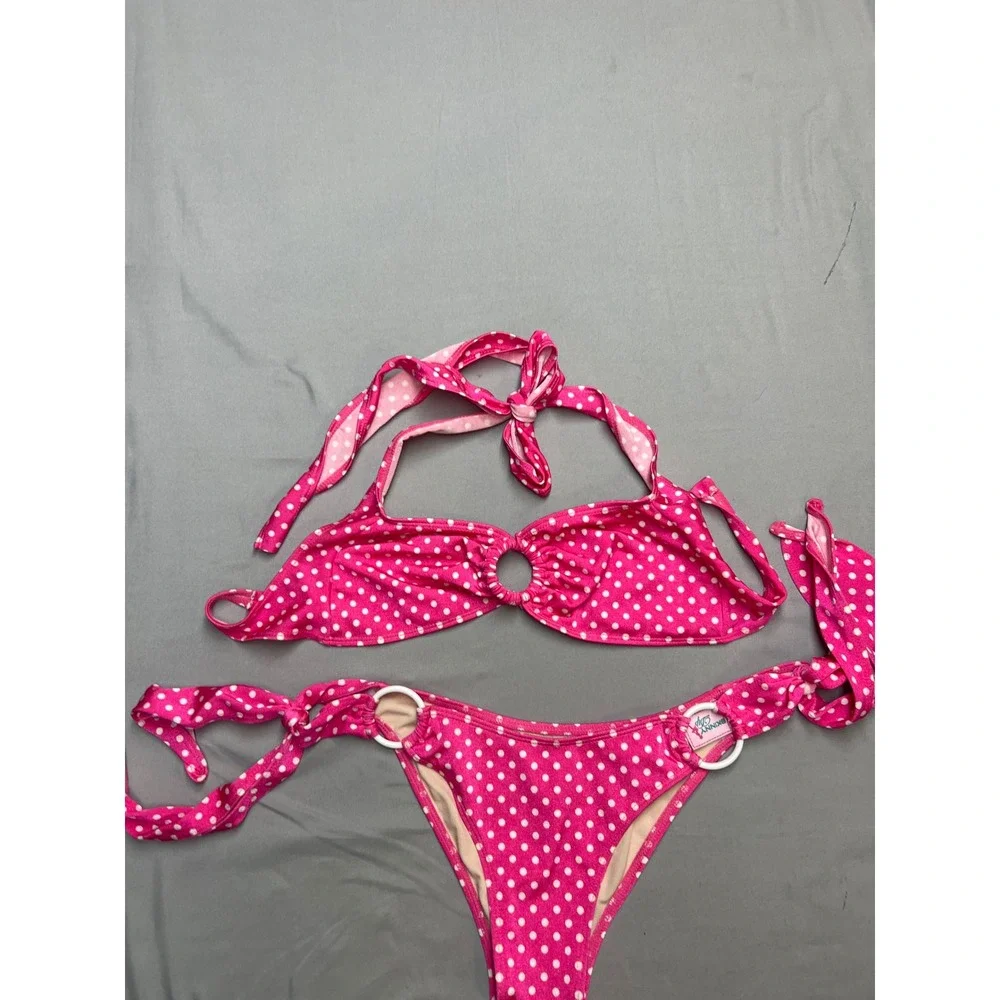 Skinny Dip Pink Polka Dot Halter Bikini Set O-Ring Side Tie Swimsuit Women M